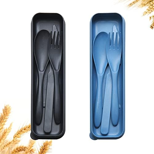 Reusable Travel Utensils Set with Case, 2 Sets Wheat Straw Portable Plastic Fork Spoons Knife Camping Cutlery, Eco-Friendly BPA Free Lunch Tableware for Kids Adults Travel Picnic Utensils