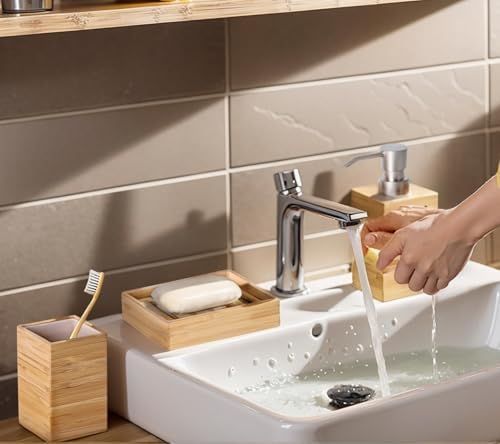Clasin Home Bamboo Bathroom Accessories Set, 3 Pcs Wood Bathroom Accessories Soap Dispenser, Toothbrush Holder, Soap Dish, Kitchen Soap Dispenser Set for Home Decor, Housewarming Gift