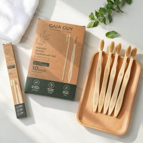 Gaia Guy Boar Bristle Bamboo Toothbrushes – 10 Pack Natural Bristle Toothbrush Set, Plastic-Free & Nylon-Free, Numbered Bamboo Handles, Medium Boar Hair Bristles for Adults & Families