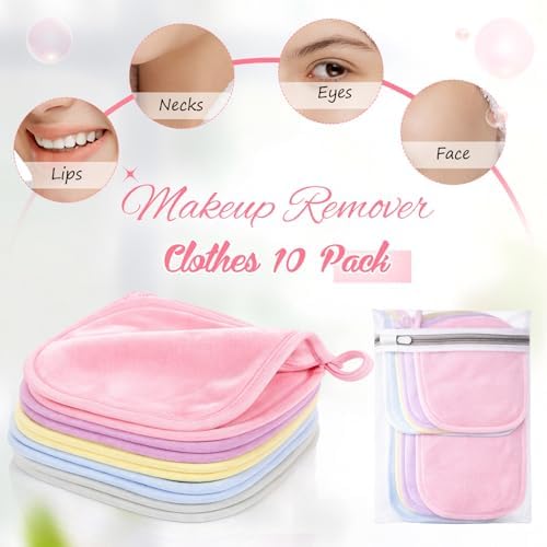 VitalCozy 10 Pack Makeup Remover Cloths, Makeup Remover Towels Reusable Face Cloth Eraser for Washing Face Microfiber Washcloth for Women Cleansing Just Water with Mesh Bag (Pastel Colors)