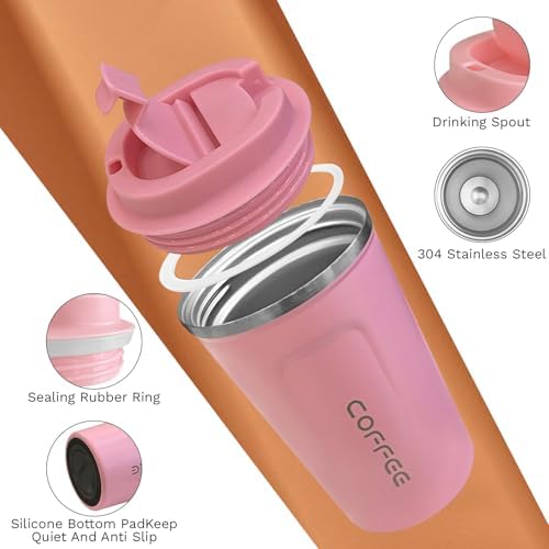 SPLMIFA Travel coffee mugs leak-proof, reusable coffee cups with lids, stainless steel vacuum insulated coffee tumblers, thermal insulation cups for men & women keep drinks hot & cold(2nd-Pink, 12OZ)