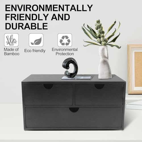 Charmewooden Bamboo Desk Organizer with 3 Drawers, Countertop Organizer with Drawers Makeup Storage Drawer 3 Drawer Tabletop Storage Organization Box Home Office Workspace（Black）