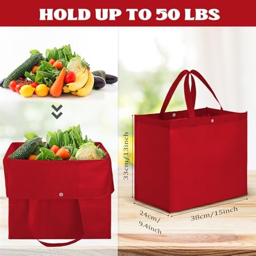 Zhehao 60 Pcs Reusable Grocery Bags Bulk Large Foldable Shopping Tote Bags Non Woven with Handle and Plastic Button(Red)