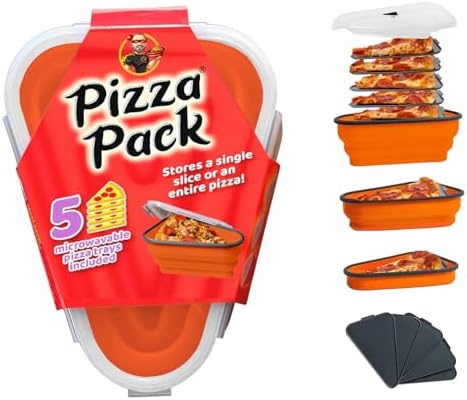 PIZZA PACK The Perfect Reusable Pizza Storage Container with 5 Microwavable Serving Trays - BPA-Free Adjustable Pizza Slice Container to Organize & Save Space, Orange