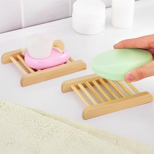 60 PCS Bamboo Soap Dish for Shower 3.3x3.5x0.7 Inch Wooden Soap Holder Self Draining Bamboo Soap Holder Handmade Wooden Soap Dish for Bar Soap Wood Soaps Tray for Bathroom, Shower, Kitchen