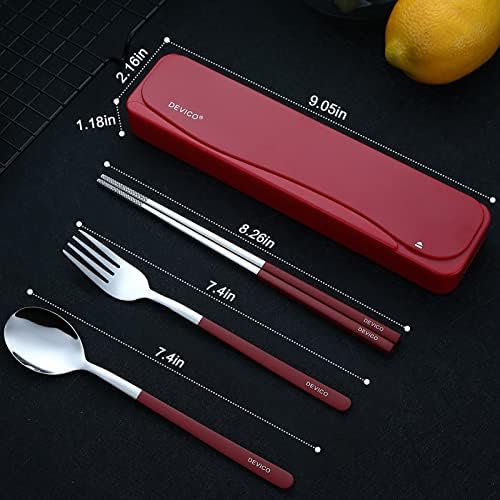 DEVICO Travel Utensils with Case, 4Pcs Portable Silverware Set for Work, 18/8 Stainless Steel Reusable Cutlery, Korean Spoon and Chopsticks Fork for Camping, School, Lunch Box Accessories (Red)