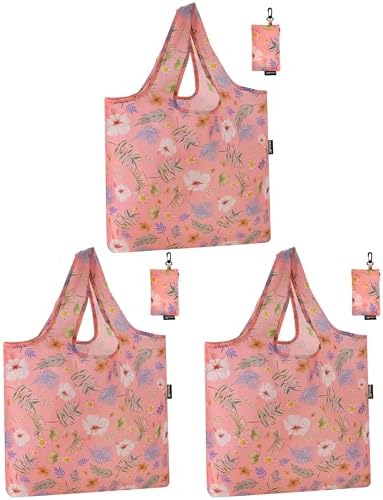 HOLYLUCK Reusable Grocery Bags,Heavy Duty Foldable Shopping Tote Bag (Standard, Pink floral)