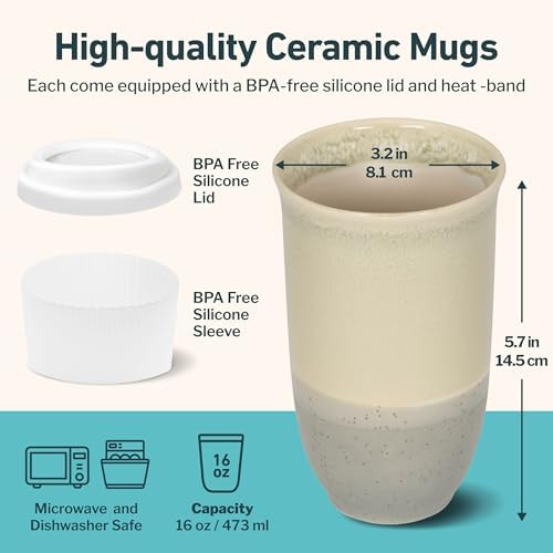 NOVA CERAMICS Travel Mug - Ceramic Coffee Mug With Lid – Microwave & Dishwasher Safe Coffee White & Grey Tumbler - Gifts For Women Men Him Her – 16oz – Mist