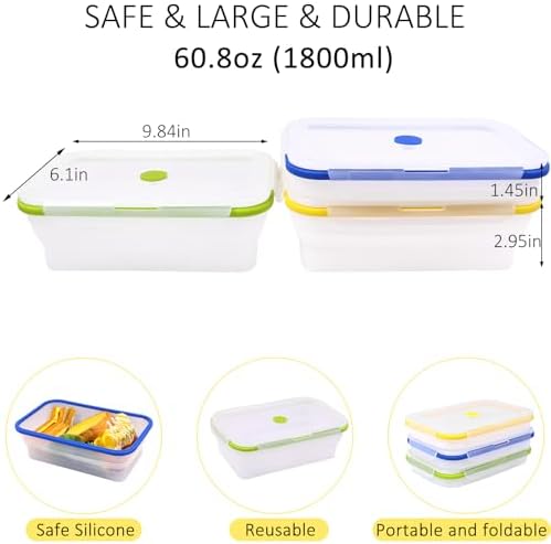 3 Pack Large Translucent Collapsible Silicone Food Storage Containers with Lids, 60.8oz Bento Lunch Boxes, for Kitchen, Office, Camping, Travel, BPA Free