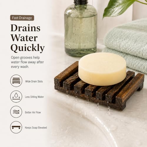 Bamboo Soap Dish for Bar Soap, Raised Wooden Holder with Drain Slots，Carbonized Pine Wood Soap Box