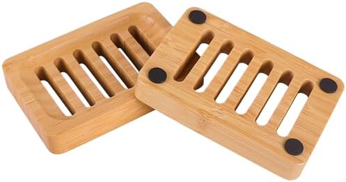 Bamboo Soap Dish Self-Draining Non-Slip Soap Saver - Wooden Trays for Bar Soap - Kitchen, Shower, Bathroom - 3 Pack