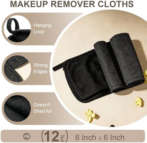 Puomue Makeup Remover Cloth 12 Pack, Super Soft and Reusable Microfiber Makeup Remover Towels for All Skin Types, Perfect Face Towels for Women, 6 Inch x 6 Inch, Dark Grey