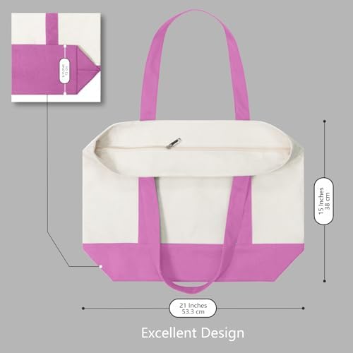 TOPDesign 1-Pack Canvas Tote Bag with an External Pocket, Reusable Grocery Shopping Bag, Top Zipper Closure, Daily Essentials (Light Purple/Natural)
