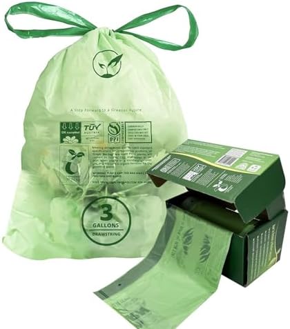 3 Gallon Compostable Trash Bags Drawstring, Heavy Duty Extra Thick 1 Mil, 11.36 Liter, 50 Bags, Small Kitchen Food Scrap Waste Bag, ASTM D6400, US BPI and OK Compost Home