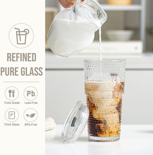 SoulTimes 20oz Hobnail Glass Tumbler with Bamboo Lids and Straws - Iced Coffee Glass Cups for Smoothie, Matcha, Juice, Water etc. Leakproof and Reusable Glassware Drinking for Travel To Go [2 Pcs]