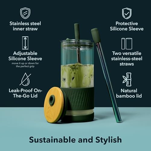 Pandaloo® Glass Cups With Lids and Straws -20 Fl Oz- Perfect Size Iced Coffee Cup - Smoothie Cup With Bamboo Lid and On the go Lid - Glass Tumbler (2 Count (Pack of 1), Amber Sand-Coton White)
