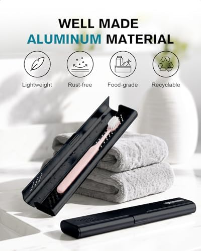 Toothbrush Case Cover for Traveling, Aluminum Toothbrush Holder for Manual Toothbrush + Mini Toothpaste, Portable Tooth Brush Storage Box for Camping Business Trip-Black (1 Pack)