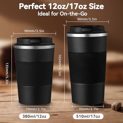 17OZ Travel Coffee Mug Insulated Coffee Cup with Spill Leak Proof Lid, Portable Stainless Steel Tumbler Reusable Hot and Cold Water Mug for Car, Daily, Camping- Black