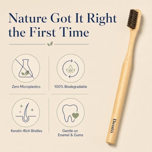Dento Bamboo Toothbrush 4 Pack, Natural Horsehair Bristles, Soft