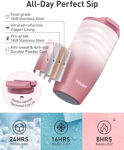 TOURIT 16 oz Insulated Travel Coffee Mug Stainless Steel Tumbler, Pink