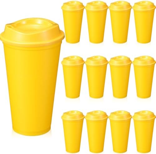 12 Pcs 16 Oz Reusable Coffee Cups with Lids - Plastic Travel Hot Cups Bulk Coffee Tumblers for DIY Hot Cold Drinks Party Favors Coworker (Yellow)