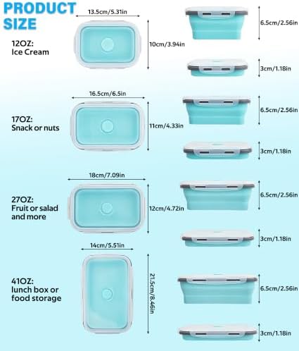 Decorwell 4 Collapsible Food Storage Containers, 12/17/27/40 oz Food-Grade Silicone Set, Leakproof Food Containers for Kitchen Office Camping Picnic, Blue