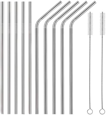 Set of 10 Stainless Steel Straws, HuaQi Bent Reusable Drinking Straws 10.5'' Long 0.24‘’ Dia for 30 oz Tumbler and 20 oz Tumbler, 2 Cleaning Brush Included