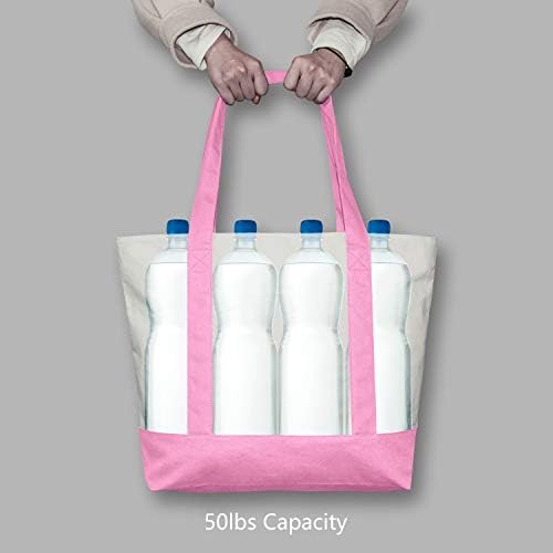 TOPDesign 3-Pack Canvas Tote Bags with an External Pocket, Reusable Grocery Shopping Bags, Top Zipper Closure, Daily Essentials (Pink/Natural)