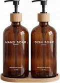 Amber Glass Hand and Dish Soap Dispenser Set by Brighter Barns - Kitchen Soap Dispenser Set with Tray - Bamboo Pump Bottles for Kitchen Sink - Modern Home Decor, Neutral Decor for Airbnb, Gift (Amber)