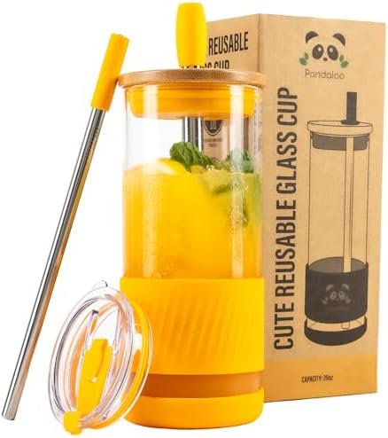 Pandaloo® Glass Cups With Lids and Straws -20 Fl Oz- Perfect Size Iced Coffee Cup - Smoothie Cup With Bamboo Lid and On the go Lid - Glass Tumbler With Straw (1 Count (Pack of 1), Maracuja Dream)