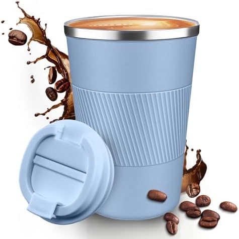 12OZ Travel Coffee Mug Insulated Coffee Cup with Spill Leak Proof Lid, Portable Stainless Steel Tumbler Reusable Hot and Cold Water Mug for Car, Daily, Camping- Light Blue