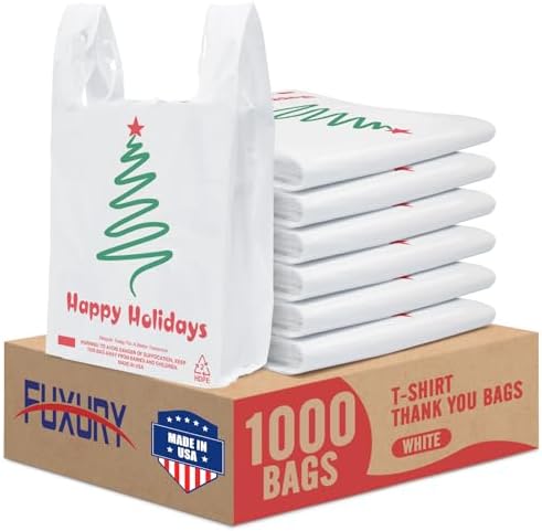 Fuxury 1000 Count Happy Holiday Christmas Tree Plastic Bags with Handles