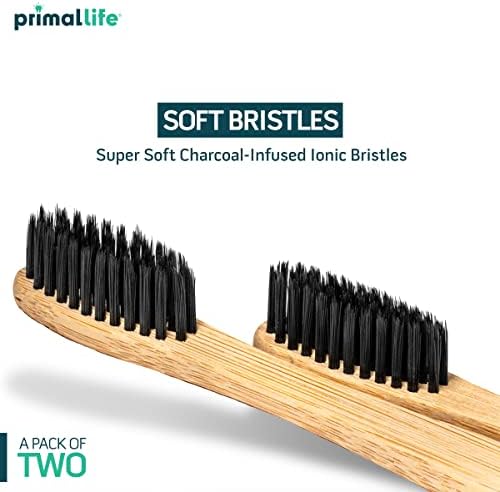 Primal Life Organics - Charcoal Toothbrush, Made with Charcoal & Bamboo, Biodegradable, BPA-Free, Perfect for Kids & Adults, Recyclable, Gently Massages Gums & Teeth, Zero Waste Toothbrush, (2-Pack)