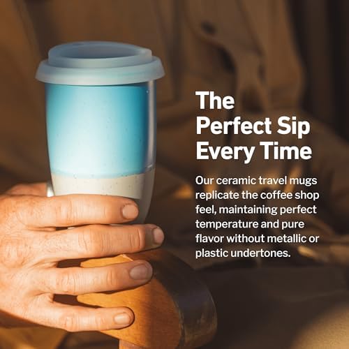 NOVA CERAMICS Travel Mug - Ceramic Coffee Mug With Lid – Microwave & Dishwasher Safe Coffee White & Grey Tumbler - Fits In Cup Holder – 12oz – Coastal Drift