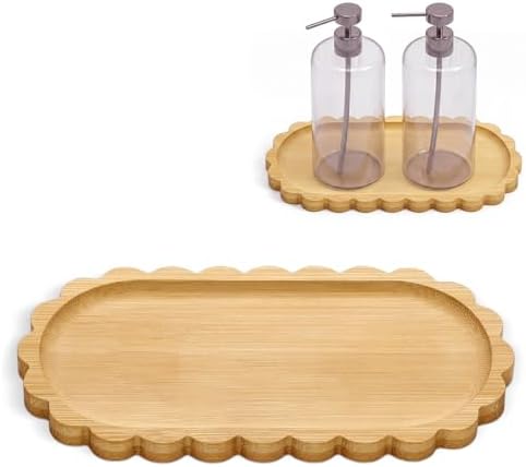 Scalloped Bamboo Soap Dispenser Tray Bathroom Rustic Decor Bamboo Countertop Tray Scalloped Soap Dish Jewelry Holder Vanity Bathtub Organizer for Bathroom Kitchen Home Decor(7'',Oval)