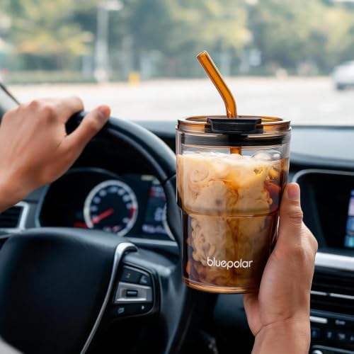 BLUEPOLAR 13oz/400ml Glass Water Tumbler with Straw and Lid Sealed Carry On Thick Wall Iced Coffee Cup Glass Cup for Water, Iced Tea Fruit Juice Etc (Amber-4Pack)