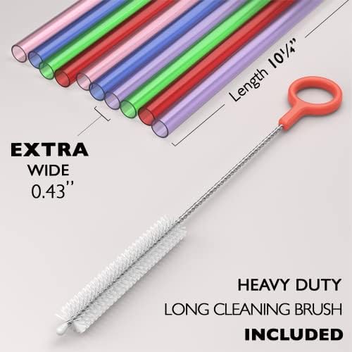 Fiesta First 10 EXTRA WIDE Long Reusable Hard Plastic Drinking Straws + Cleaning Brush - Fat Thick Large Jumbo Straws for Smoothies, Milkshakes, Thick Drinks - Assorted - Dishwasher Safe BPA Free
