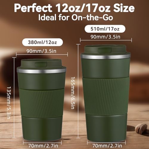 17OZ Travel Coffee Mug Insulated Coffee Cup with Spill Leak Proof Lid, Portable Stainless Steel Tumbler Reusable Hot and Cold Water Mug for Car, Daily, Camping- Military Green