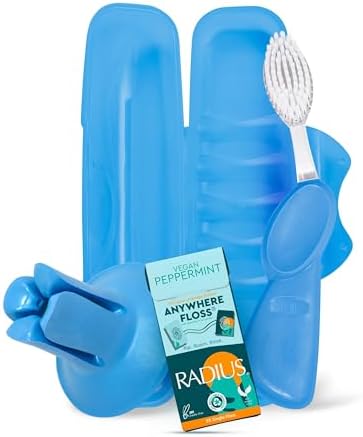 RADIUS Vacation Pastel Bundle, Includes Left Handed Big Brush with Replaceable Head, Toothbrush Travel Case, DOC Toothbrush Holder, Anywhere Travel Floss Packette, Periwinkle Blue, 4 Piece Bundle