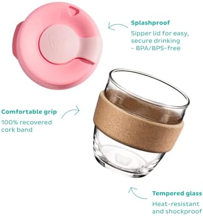 KeepCup Brew Cork, Reusable Glass Tumbler with Natural Cork, Tall Coffee Cup 12oz / 340ml - Pine