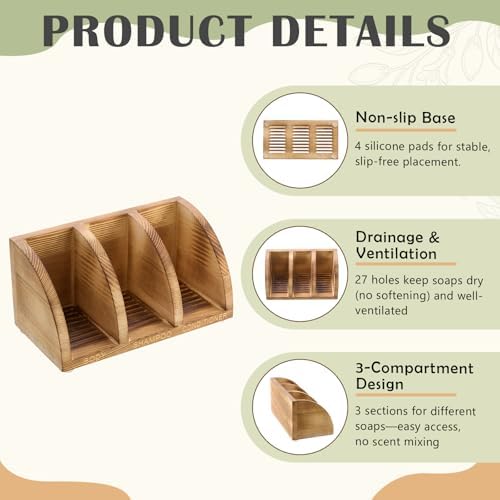 Shampoo Bar Holder Multi Bar Soap Dish, Wooden, 6.3 x 3.3 x 3.1 Inch