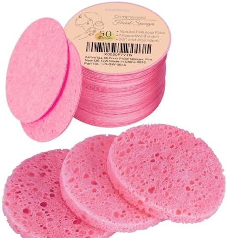 GAINWELL 50-Count Compressed Facial Sponge for Daily Facial Cleansing and Exfoliating, 100％ Natural Cosmetic Spa Sponges for Makeup Remover, Reusable, Pink