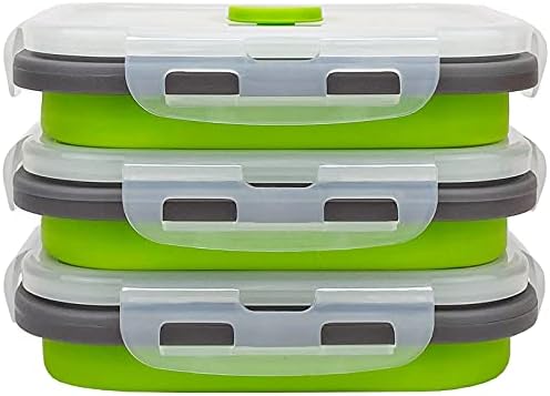 CCyanzi 3piece Collapsible Food Storage Containers with Lids, Silicone Lunch Container, Microwave & Freezer Safe, Space Saving for Kitchen Cabinet and Camping Backpack,(green gray)
