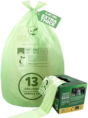 13 Gallon Compostable Trash Bags with Handle-Tie, Thick 0.87 Mil, 49.21 Liter, 30 Bags, Tall Kitchen Food Scrap Waste Bag, ASTM D6400, US BPI and OK Compost Home Certified