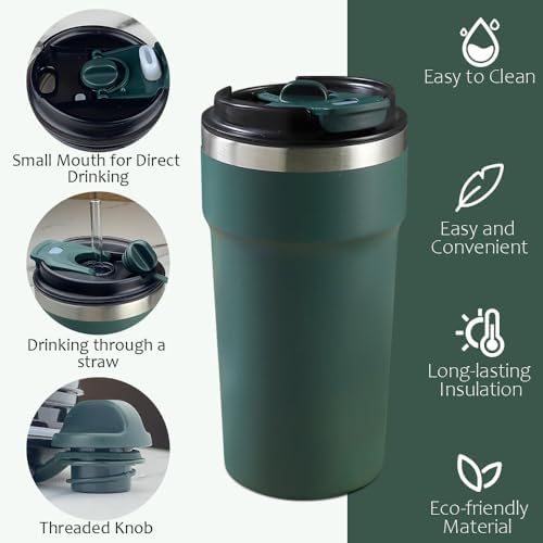 SPLMIFA Travel Coffee Mugs Leak-Proof, Reusable Coffee Cups with Lids, Stainless Steel Vacuum Insulated Coffee Tumblers, Thermal Insulation Cups for Men and Women Hot & Cold Drinks(4th-Green, 16OZ)