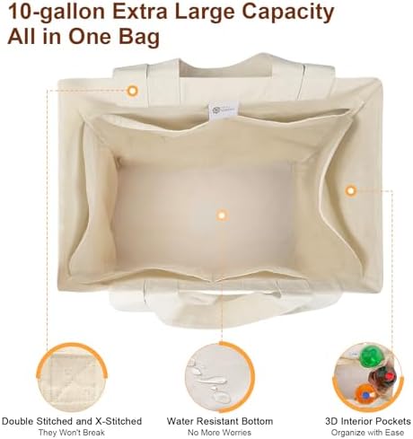 VitaSerena Reusable Canvas Grocery Bags with Dual Handles 3pc XL Set
