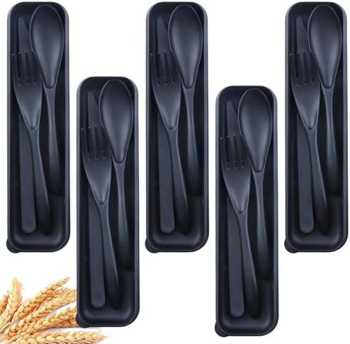 5Pack Wheat Straw Utensils, BPA Free Fork Spoon Knife with Storage Case