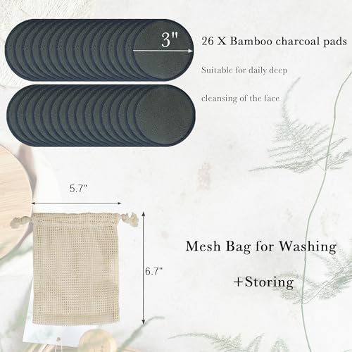 26 Pcs Reusable Cotton Rounds Bamboo Charcoal Makeup Remover Pads