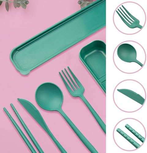 ELANE 4 Sets Reusable Travel Utensils Set with Case,Camping Cutlery Set Reusable Cutlery Set with Case,Utensil Sets for Lunch Picnic Daily Use Outdoor (darkgreen)