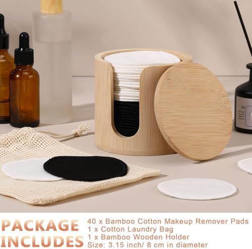 Foaincore 40 Pcs Reusable Makeup Remover Pads with Mesh Storage Bag and Bamboo Box Washable Bamboo Cotton Rounds Soft Reusable Face Pad for Toner Skin Various Skin Care Products(Black White)